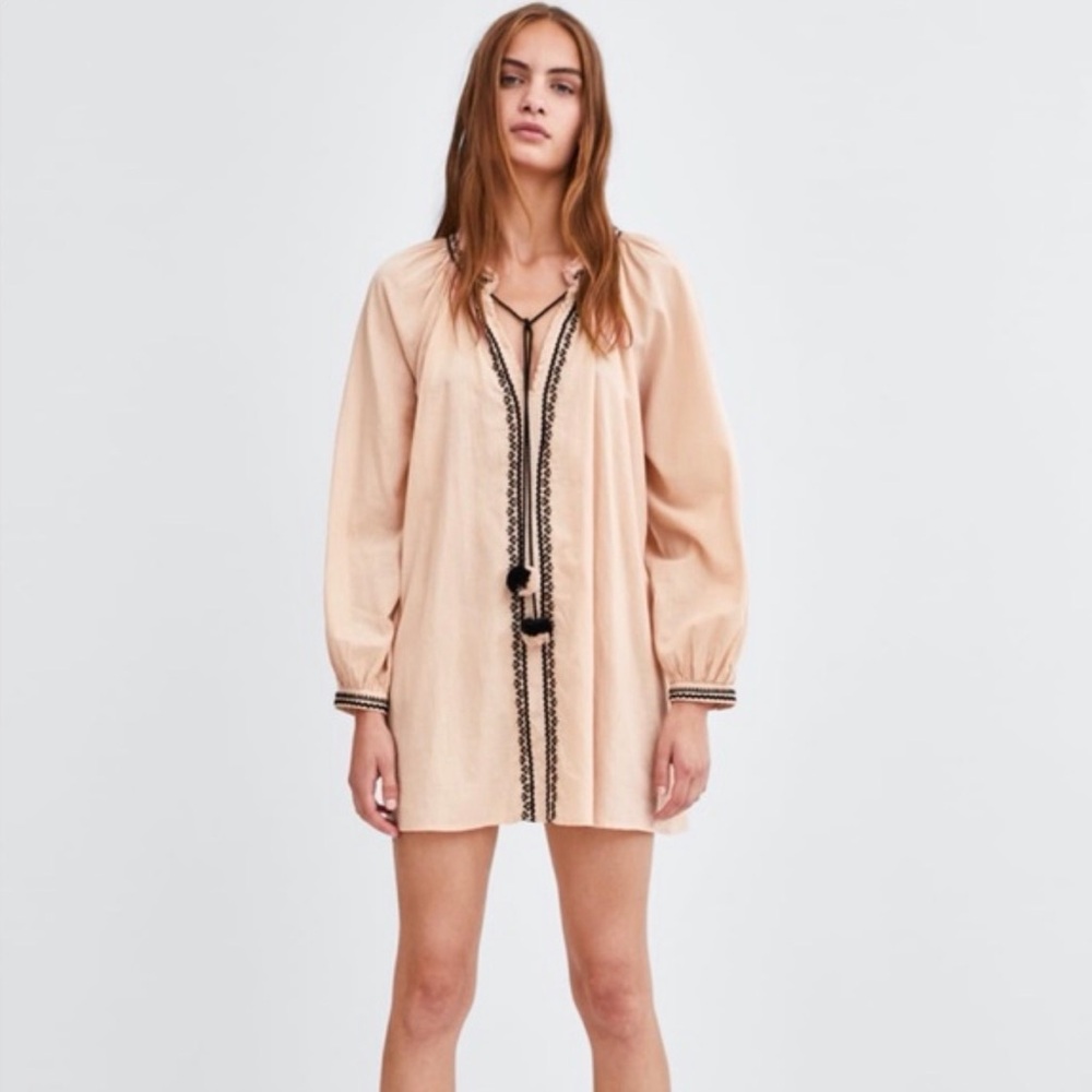 NWT ZARA Light Peach / Pale Pink Embroidered Tassel Tunic Top